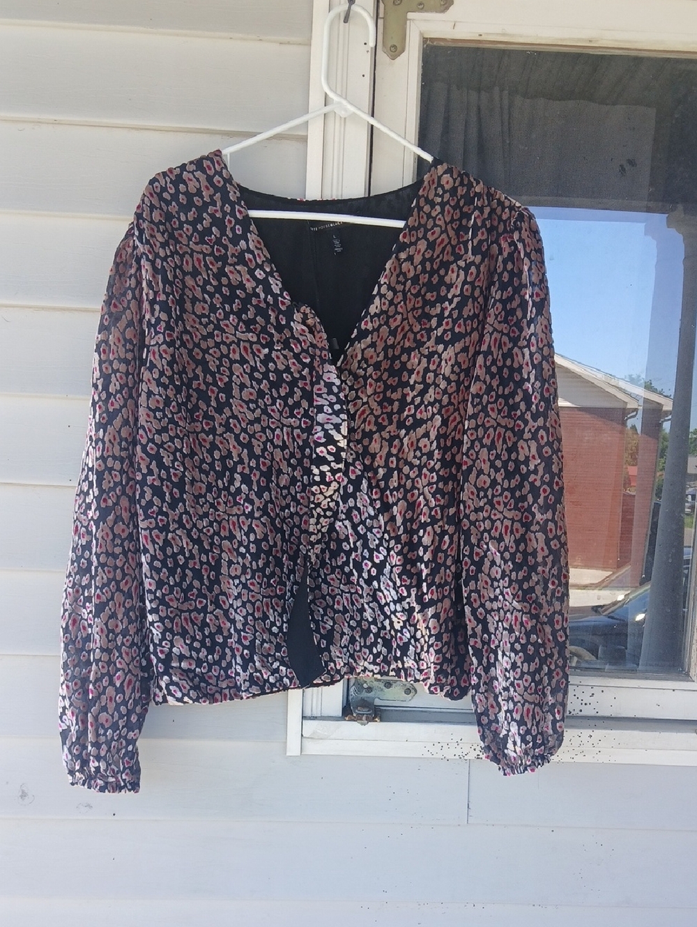 Women's Black & Pink Printed Long-Sleeve Faux Wrap Blouse